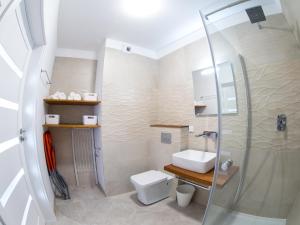 ein Badezimmer mit Dusche, Toilette und Waschbecken in der Unterkunft Apartament Międzyzdroje Horyzont Blue in Misdroy