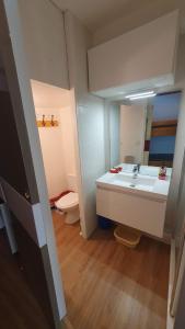 オー・ボンヌにあるStudio à Gourette pour 4 personnes avec balcon, casier à skis et vue montagneの洗面台、トイレ、鏡のあるバスルーム