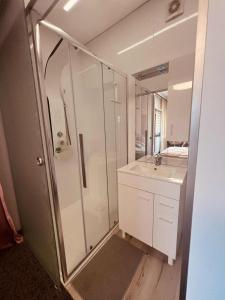 a bathroom with a shower and a sink and a mirror at Pokoje Gościnne Pod Złotym Pstrągiem in Zgorzelec +45 photos