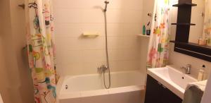 Un baño con ducha, bañera y lavabo. en Miss Cato, en Ostende