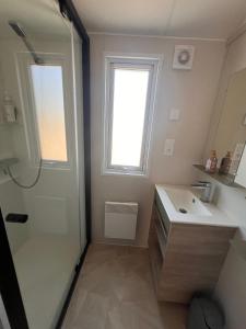 un bagno con doccia, lavandino e finestra di 531 Mobi-Chalet 3 chambres 2 sd Bassin d'Arcachon a La Teste-de-Buch