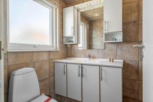 een badkamer met een wastafel, een toilet en een spiegel bij JB230-Frostrup-Grabakkevej-4 in Lild Strand +23 foto's
