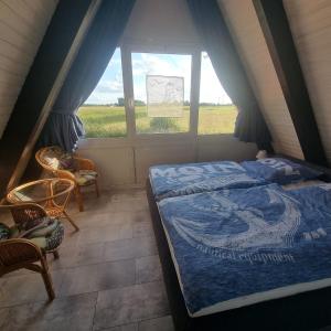 a bedroom with a bed and a window and a field at Nurdachhaus PIRATENWEG 131 in Butjadingen
