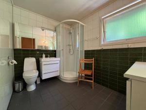 a bathroom with a shower and a toilet and a sink at Flåm Fjord Panorama House in Flåm