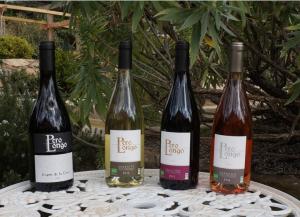 three bottles of wine sitting on a table at Chambre d'Hôtes Domaine Pero Longo in Sartène