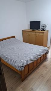 a bedroom with a bed and a desk with a laptop at Geoagiu-Bai central studio in Geoagiu Băi
