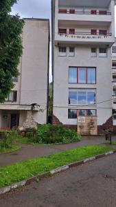 a white building with red windows next to a street at Geoagiu-Bai central studio in Geoagiu Băi