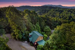 eine Aussicht auf ein Haus inmitten eines Waldes in der Unterkunft Smokies Getaway Special! Hot Tub, Games, Views & just 4 miles to Pigeon Forge! in McCookville