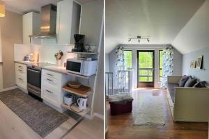two images of a kitchen and a living room at SOD691-Stavsjoe-Kila-Skogsby-Nygarden-3 in Stavsjo
