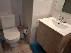 Un baño con un inodoro blanco y un lavabo. en Depto estudio en excelente ubicación, en Santiago