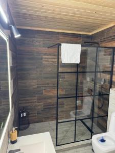 a bathroom with a shower and a toilet at Cabana Forest LakeView Potoci in Potoci +31 photos