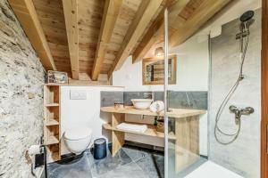 a bathroom with a shower and a toilet at Chalet Lo Soli - Chalet au charme rustique pour 12 personnes MAE-6974 in Tignes