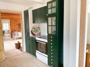 a kitchen with green cabinets and a stove at SKA733-Bastad-Stalhoegavaegen-144 in Grevie
