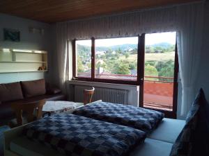 ein Schlafzimmer mit einem Bett und einem großen Fenster in der Unterkunft Pension Mühlenhardt in Herschbroich