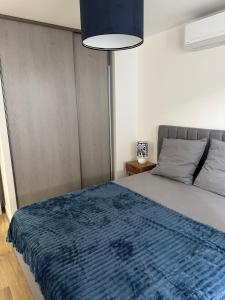a bedroom with a bed with a blue blanket on it at Longchamps 3 - Modern cocoon Close to Marlioz thermal baths in Aix-les-Bains