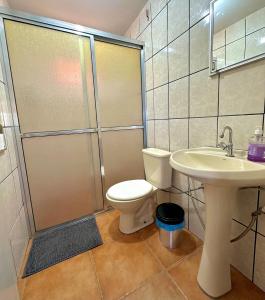 a bathroom with a shower and a toilet and a sink at Casa no Vale da Babilônia Serra da Canastra in Delfinópolis