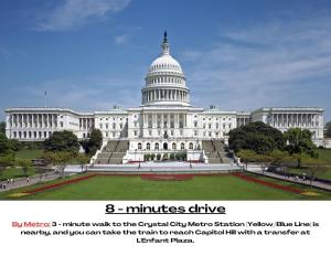 Una imagen del Capitolio de los Estados Unidos con las palabras minutos en coche. en Stylish Apartment 5 min to DC with free Gym and Parking, en Arlington