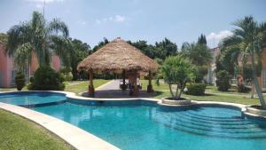 a swimming pool with a straw umbrella and palm trees at Casa completa equipada para cualquier ocasión in Tezoyuca