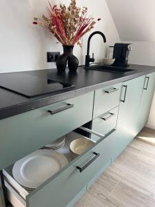 a kitchen with a counter with plates and a sink at Aubéart-studio cosy pour duo in Nobressart +3 photos