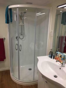 una ducha con puerta de cristal al lado de un lavabo en Otumoetai 2 bedroom, en Tauranga