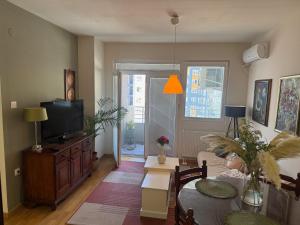 a living room with a couch and a tv at Skopje Plava Laguna apartment in Skopje