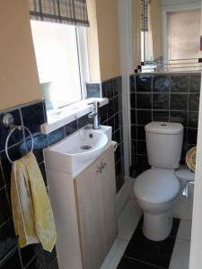 a bathroom with a white toilet and a sink at Semi Rural 3 Bed, loads of space in Pontypridd +10 photos