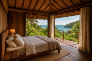 a bedroom with a bed in front of a large window at Caminho do Rei - Vista Mar in Imbituba