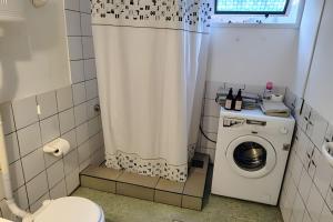 a bathroom with a washing machine and a shower curtain at Mi Casa Tu Casa D , apto mascotas in Lago Puelo +28 photos