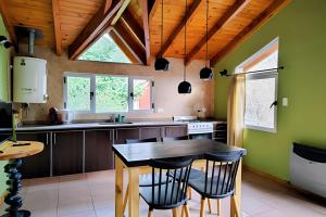 a kitchen with green walls and a wooden ceiling at Mi Casa Tu Casa B , Departamento centrico in Lago Puelo