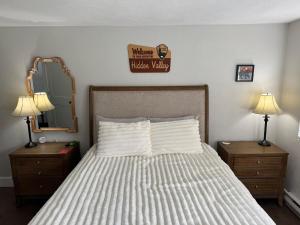 una camera con un letto con due comodini e uno specchio di Contemporary Ski Condo a Bakersville Altre 36 foto