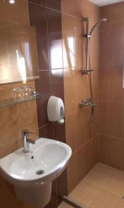 ein Bad mit einem Waschbecken und einer Dusche in der Unterkunft Family Hotel Kartala in Blagoewgrad