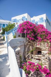 a stone wall with pink flowers in front of a building at St.George Valsamitis in Katapola