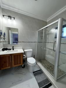 a bathroom with a shower and a toilet and a sink at Luxury Haven- Near AC Marriott Hotel Kingston in Kingston
