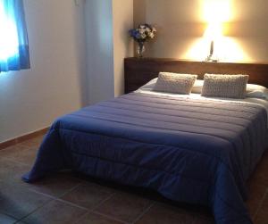 1 cama con edredón azul y 2 almohadas en Hostal Rural La Casa Verde, en Cheles