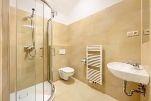 捷克克魯姆洛夫的住宿－坢休恩泰迪酒店，浴室配有卫生间、盥洗盆和淋浴。