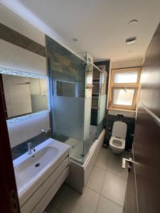 ein Badezimmer mit Waschbecken, Dusche und Toilette in der Unterkunft فيلا مع حمام سباحه وجاردن 0306-888-0106 in Kairo + 13 Fotos