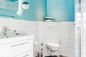 a bathroom with a toilet and a sink and a mirror at Hotel Klein Amsterdam in Friedrichstadt +36 photos