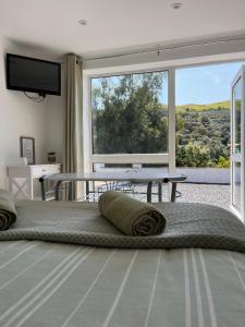 a bedroom with a large window and a table at Forest View Annexe in Ponterwyd