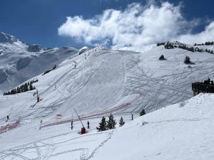 eine Gruppe von Menschen fährt mit Skiern einen schneebedeckten Berg hinunter in der Unterkunft Appartement Superdevoluy T2 6 pers Les Issarts aux pieds des pistes orientation Sud in Superdevoluy