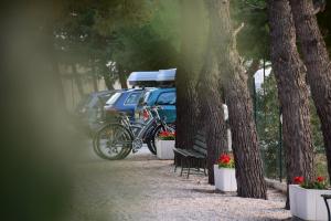 una fila di auto parcheggiate con biciclette parcheggiate accanto agli alberi di Argeste Club Vacanze a Vieste