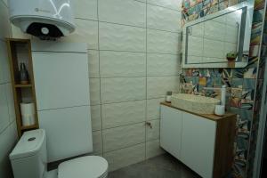 a bathroom with a toilet and a sink and a mirror at The Nest in Ruse +17 photos