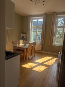 索林根Gästehaus LeLo 6的厨房兼餐厅，配有桌椅