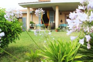 ein Haus mit rosa Blumen im Hof in der Unterkunft Guest house Villa di Judighes in Cerveteri