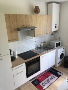 a kitchen with white cabinets and a sink and a microwave at Studio rénové proche palais des sports in Grenoble +7 photos