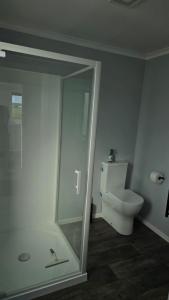 a bathroom with a toilet and a glass shower at The Quiet Paddock in Kairanga +15 photos