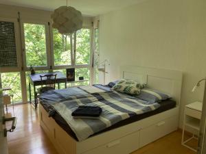 a bedroom with a bed in a room with windows at Helle Wohnung am Waldpark in Dresden