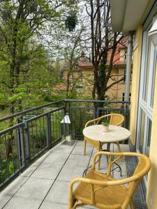 a patio with a table and chairs on a balcony at Helle Wohnung am Waldpark in Dresden