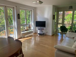 a living room with a flat screen tv and windows at Helle Wohnung am Waldpark in Dresden