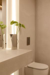 a bathroom with a toilet and a vase with a plant at Baniska Houses jacuzzi oraz sauna w cenie in Szaflary +87 photos