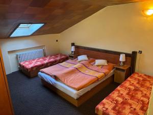 a hotel room with two beds and a skylight at Tatra Roof Room in Nová Lesná